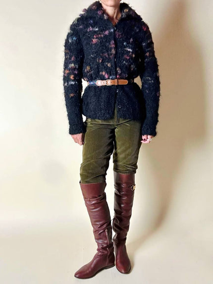 Cardigan in lana bouclé nera con lavorazione bottonata multicolor
