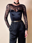 Body a manica lunga con scollo a cuore in lycra e pizzo nero “Faber”