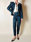 Witty Girl ensemble in bottle green and midnight blue vertical-striped wool jersey