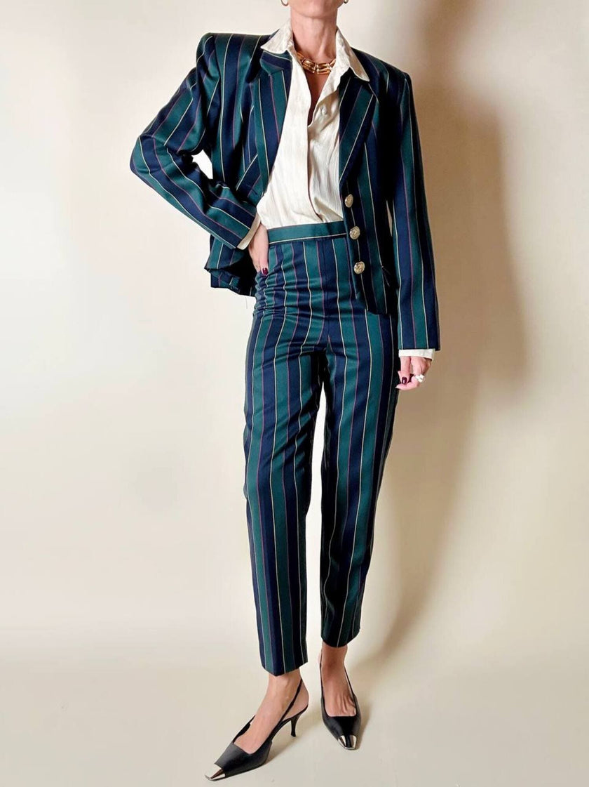 Witty Girl ensemble in bottle green and midnight blue vertical-striped wool jersey
