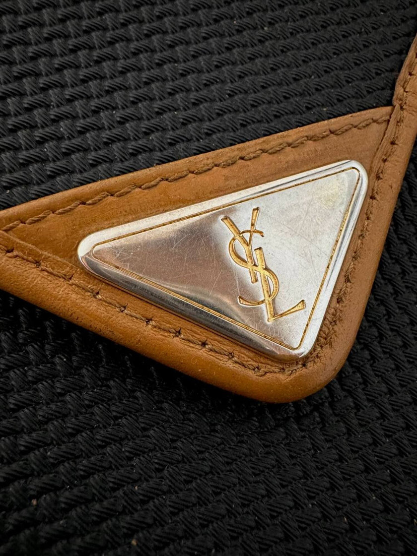 Borsa bandoulière Yves Saint Laurent in tessuto tramato nero con dettagli in pelle cuoio