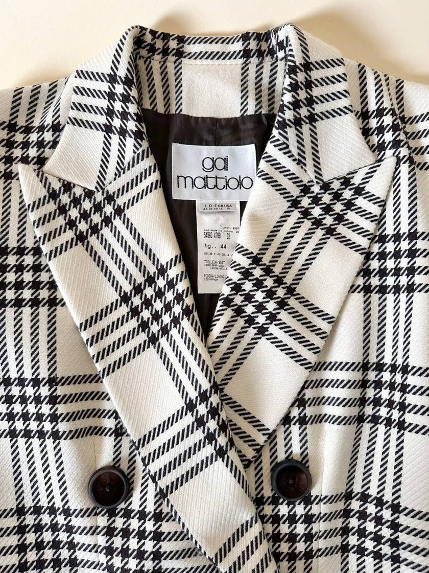Blazer vintage Gai Mattiolo doppiopetto in lana panna con fantasia principe di Galles testa di moro