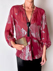 Blusa vintage Hale Bob in chiffon bordeaux fantasia floreale in lamé argento