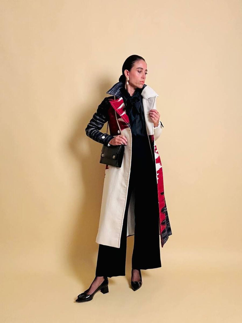 Cappotto redingote in lana fantasia astratta