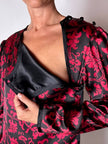 Abito Yves Saint Laurent Rive Gauche in raso con fantasia damascata rossa e nera