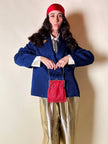 Blazer doppio petto in broccato blu Cina con bottoni gioiello