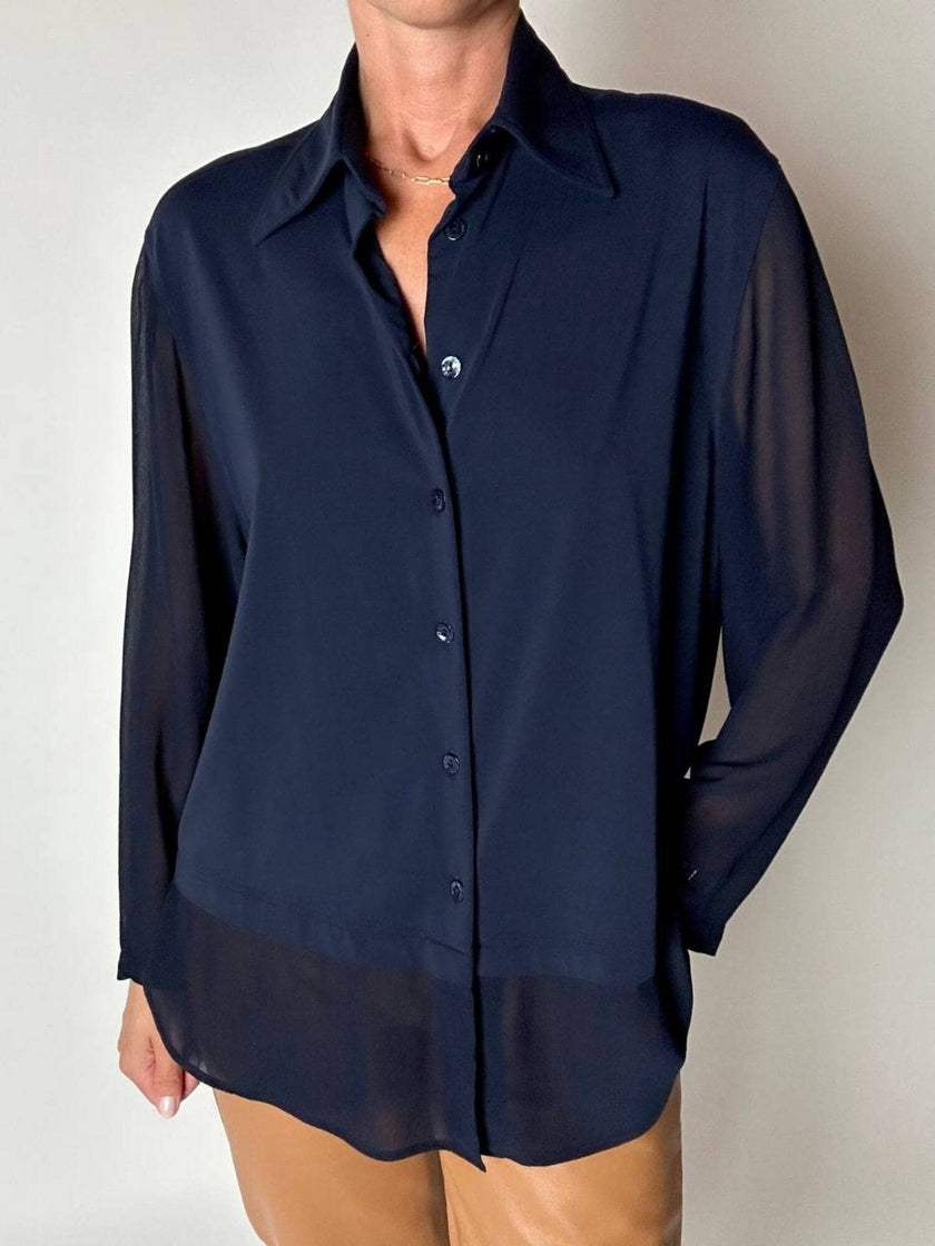 Camicia vintage Fendi Jeans blu navy con dettagli in crepe chiffon e bottoni in madreperla