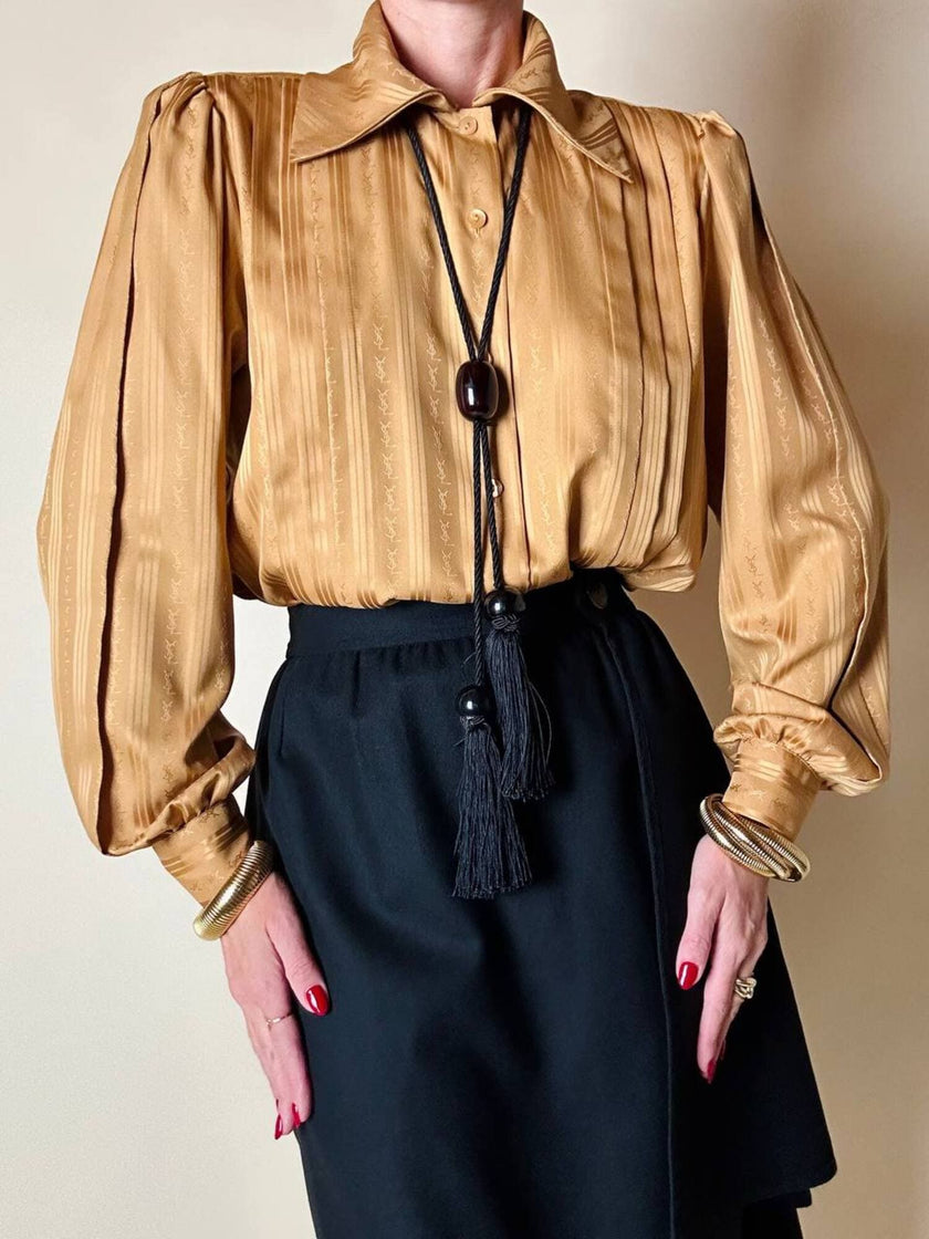 Camicia in tessuto jacquard caramello con loghi “Yves Saint Laurent”