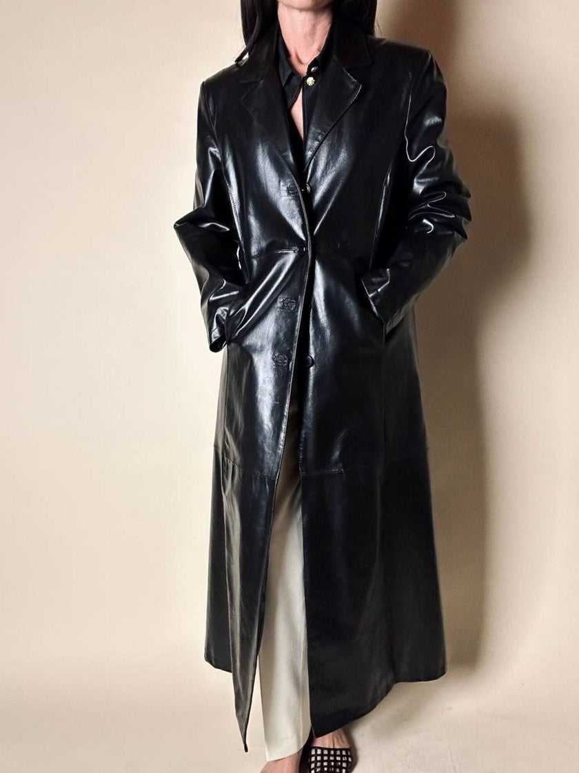 Maxi cappotto vintage in pelle nera semi lucida Vera Pelle