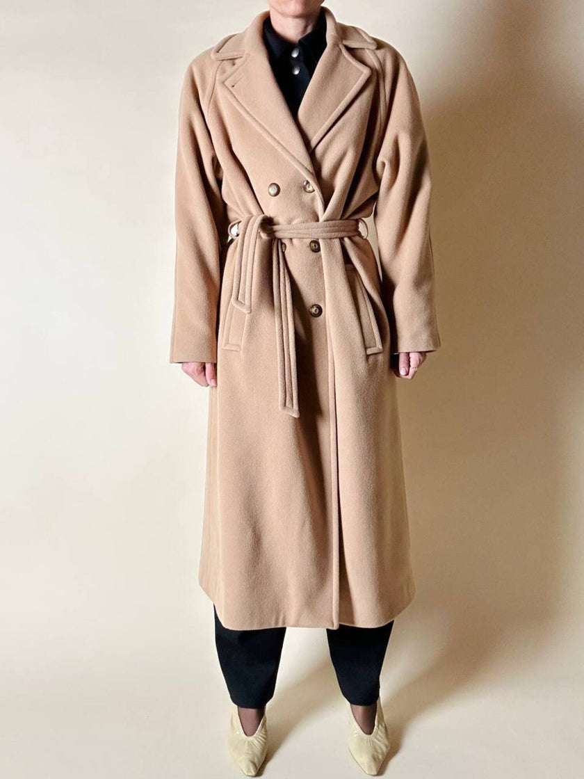 Cappotto vintage Kamaé modello vestaglia in lana e cachemire cammello chiaro