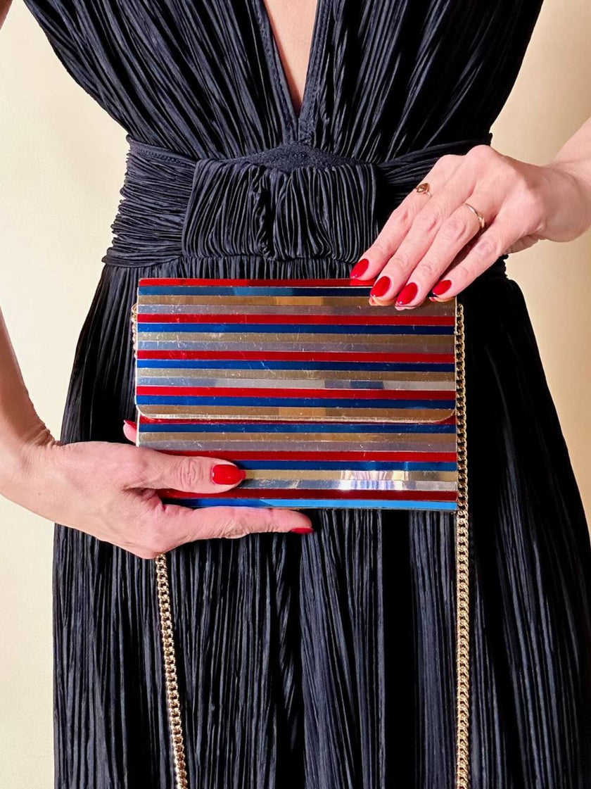 Pochette à lamelles miroirs multicolores avec bandoulière chaîne