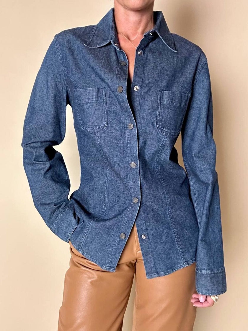 Camicia Fendissime in denim blu con bottoni  moneta da 10 lire