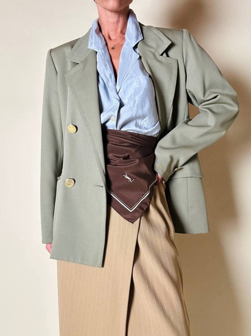 Carrè in seta marrone con profili bianchi “Yves Saint Laurent”