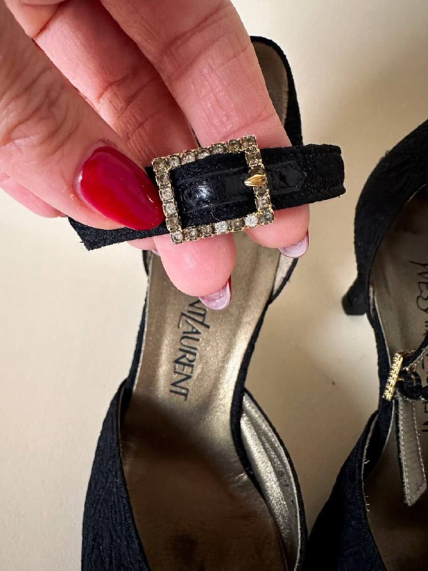 Scarpe in broccato nero con fibbie gioiello Yves Saint Laurent