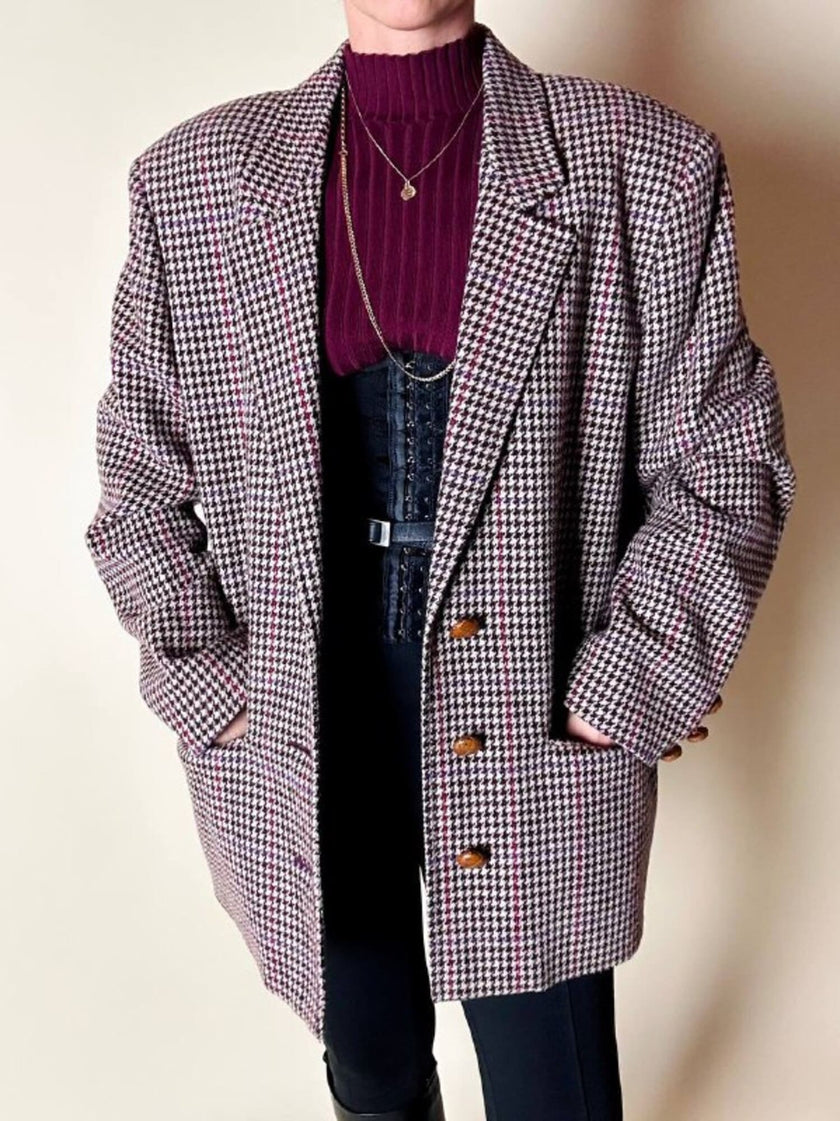 Blazer United Class Coll Colors Benetton in lana pied de poule beige e cioccolato con bottoni berlebeck