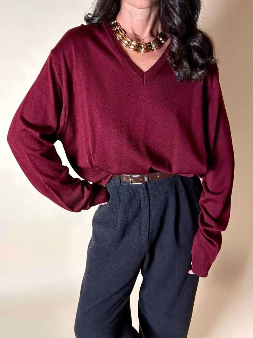 Pullover con scollo a V in misto lana bordeaux Wifshire