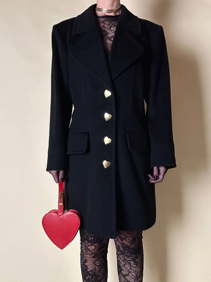 Cappottino vintage Yves Saint Laurent in lana nera con bottoni dorati a forma di cuore