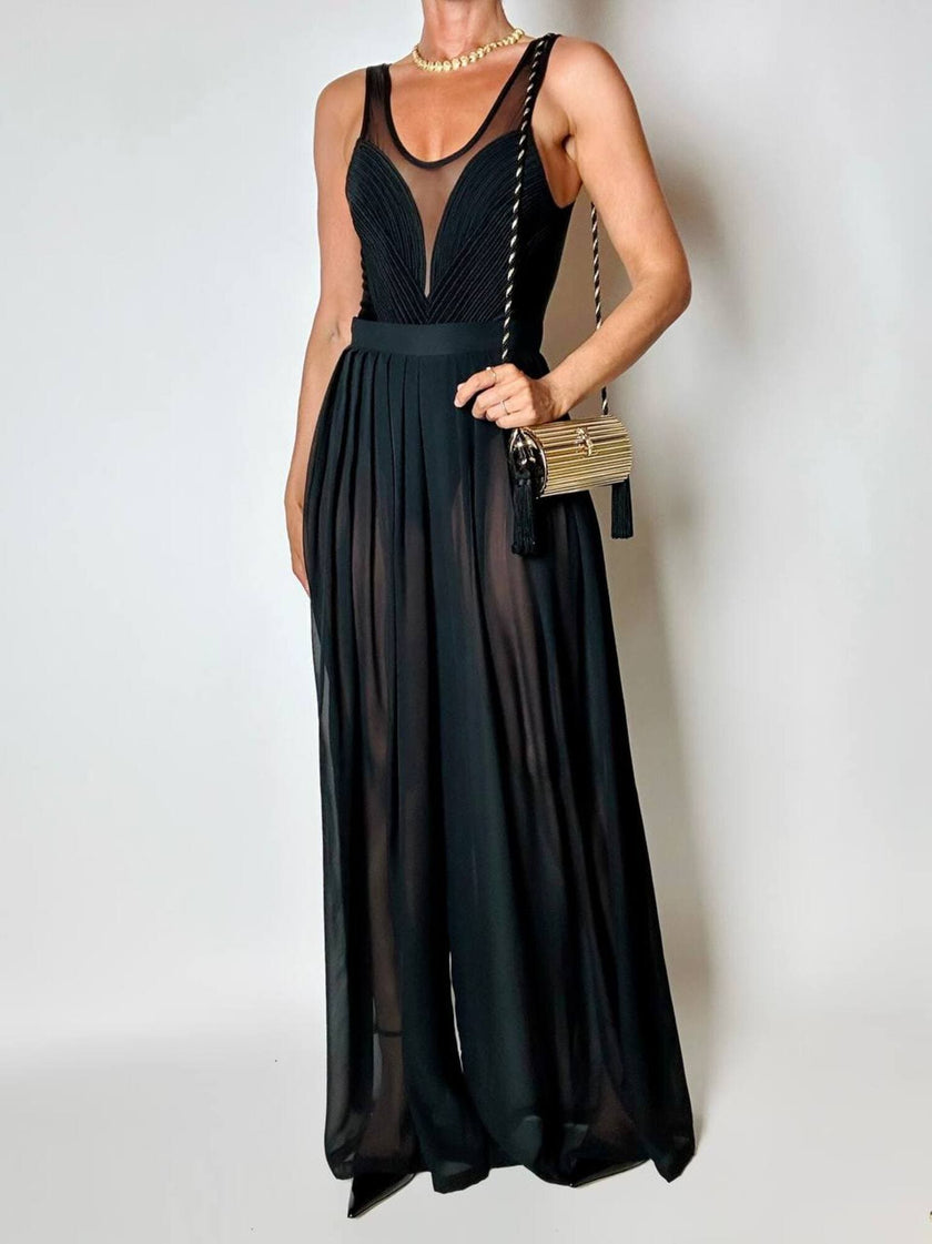 Schwarze Palazzo-Hose mit hoher Taille aus Voile