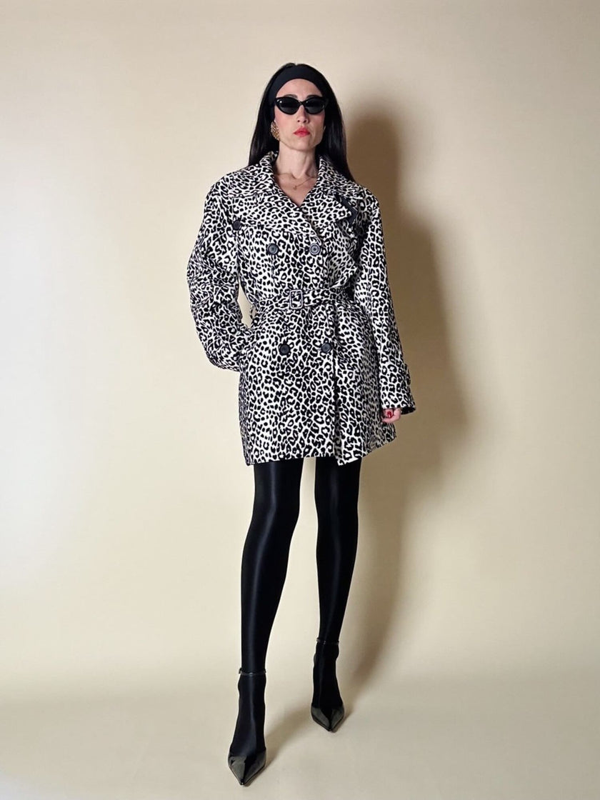 Giaccone vintage Fendissime in ecopelle bianca fantasia leopardo floccata nera