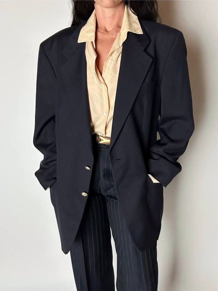 Blazer vintage Enrico Coveri You Young in rasato di lana blu notte con bottoni dorati