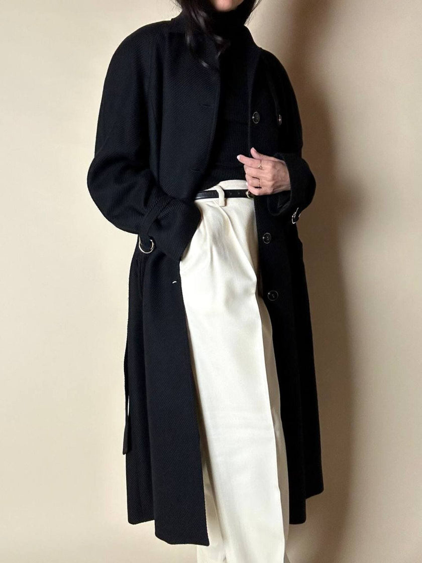 Cappotto lungo vintage in lana nera con taglio trench CGV Firenze