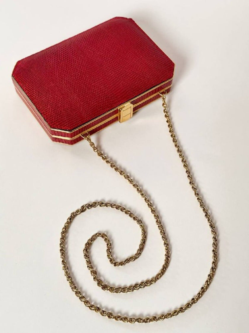 Borsa vintage Sgargi forma ottagonale in lizard rossa con tracolla in catena