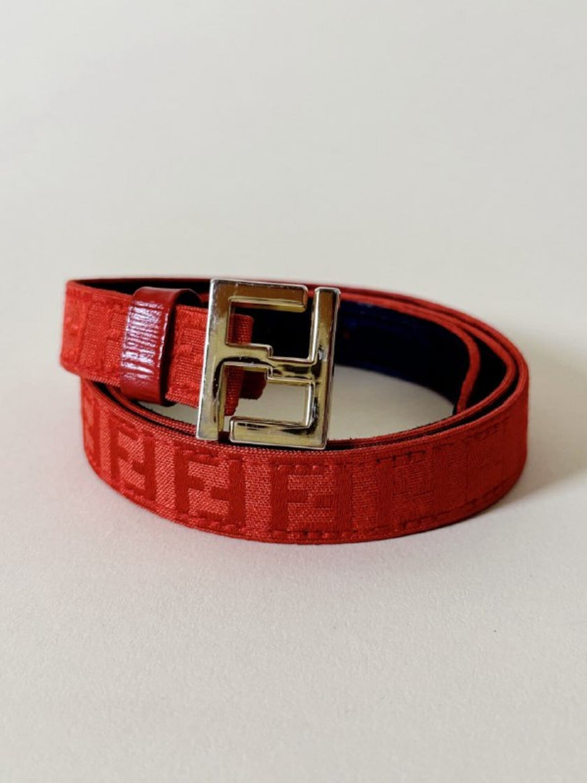 Cintura rossa in tessuto Jaquard con fibbia logo dorata “Fendi”
