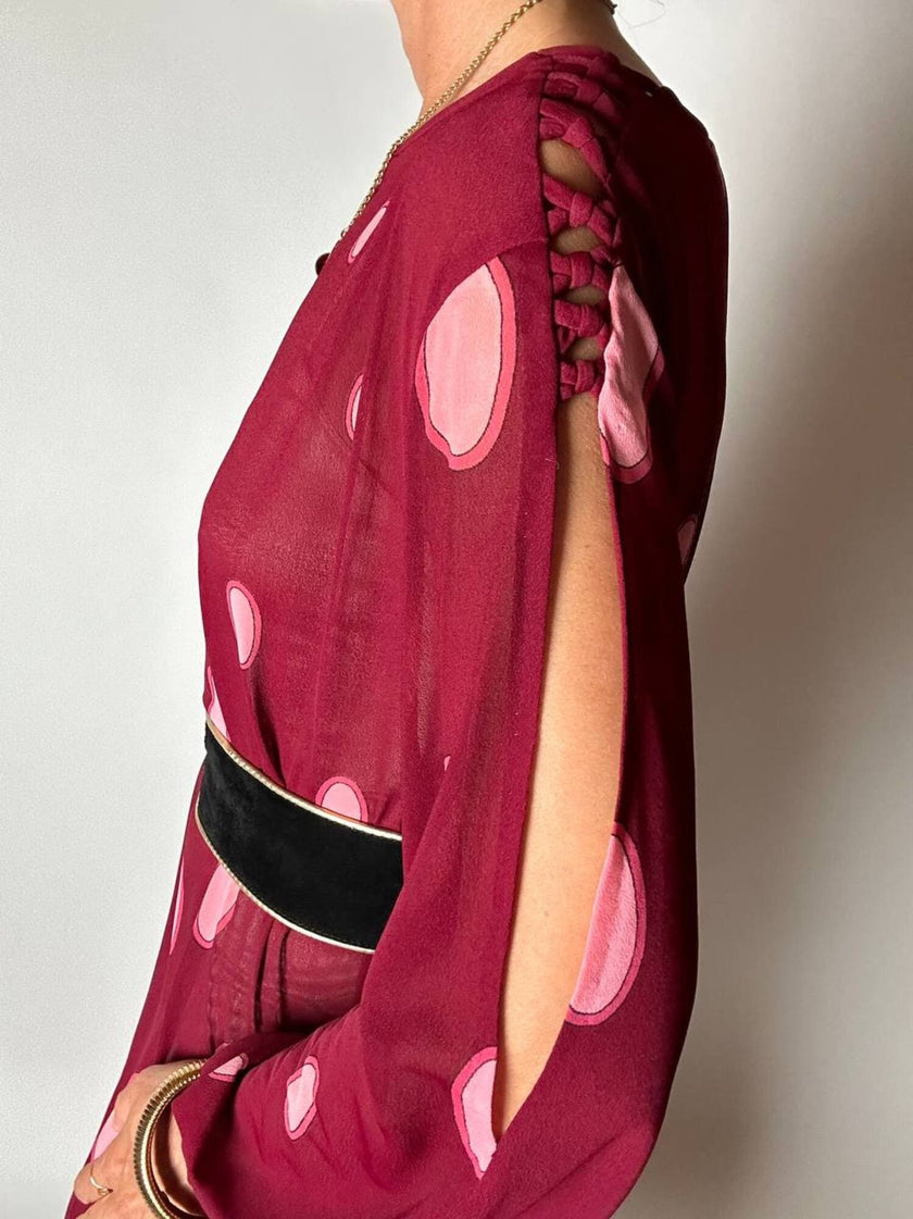 Maxi abito vintage Gottex in cpêpe amarena con maxi pois irregolari rosa