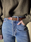 Vintage Yves Saint Laurent tan leather belt with an octagonal enamel buckle and YSL logo