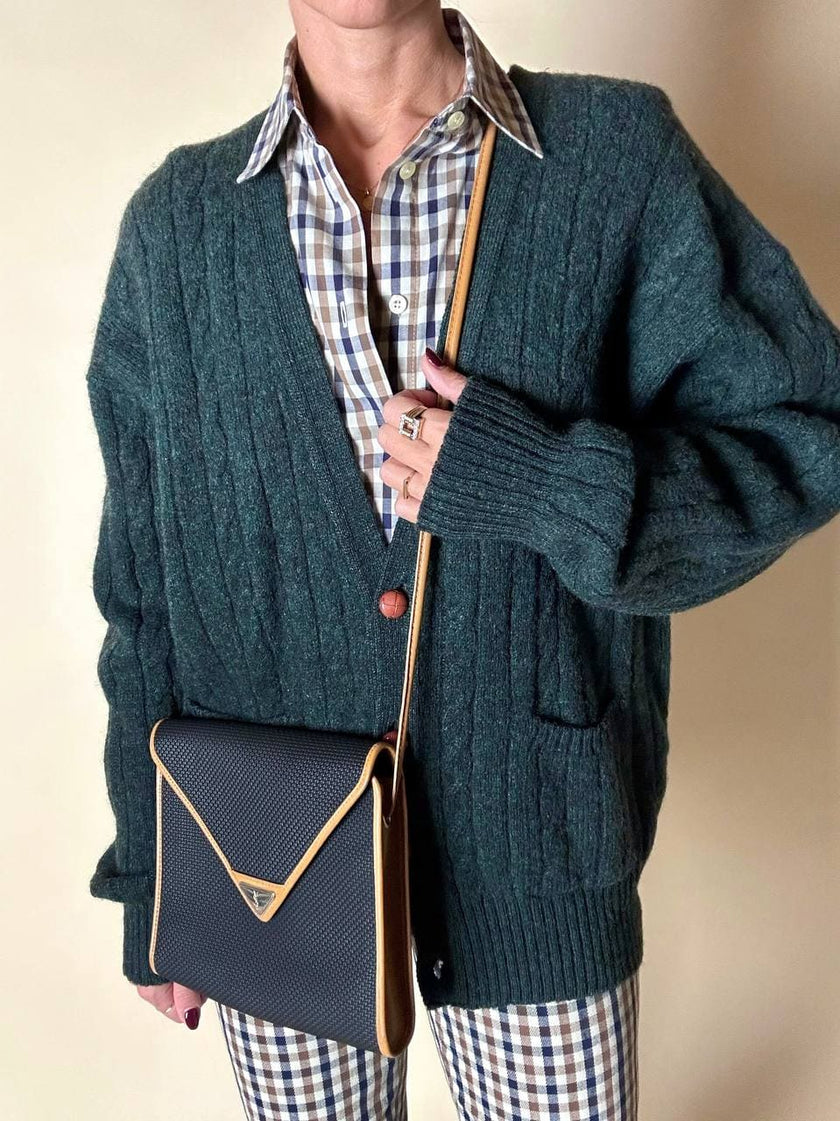 Borsa bandoulière Yves Saint Laurent in tessuto tramato nero con dettagli in pelle cuoio