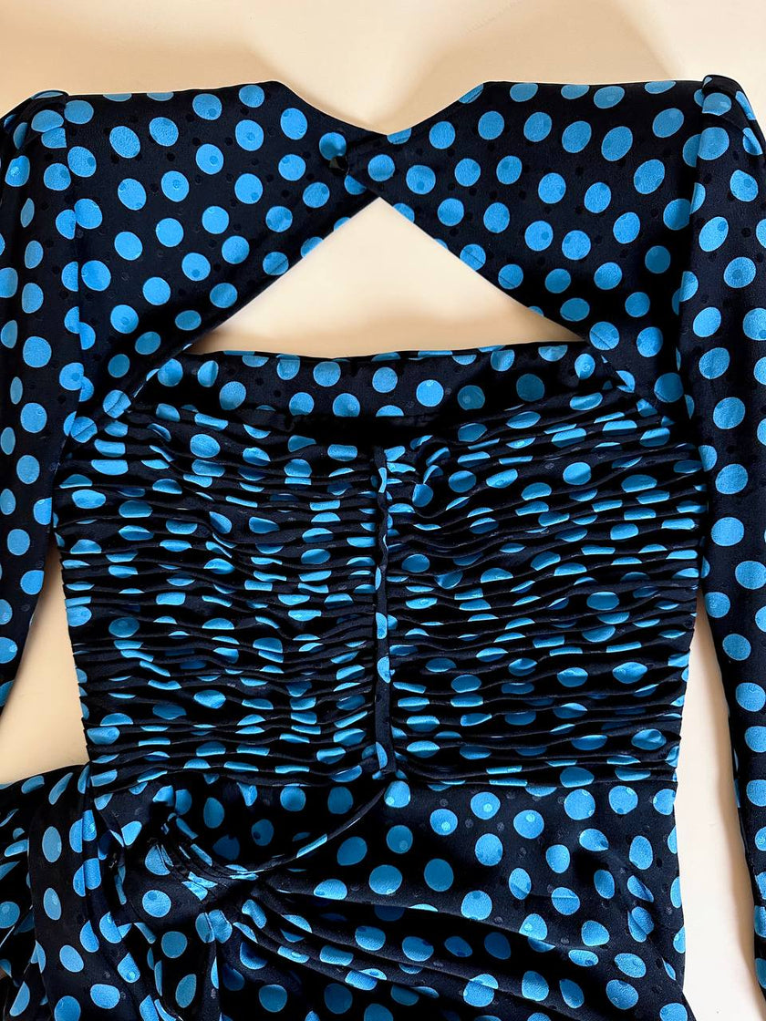 Abito in seta Ungaro Parallèle nero a pois celesti con fiocco laterale
