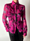 Camicia vintage Emanuel Ungaro in chiffon fucsia e lamé nero con volant plissé