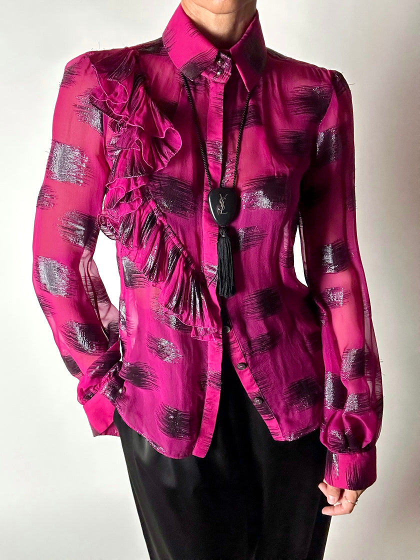 Camicia vintage Emanuel Ungaro in chiffon fucsia e lamé nero con volant plissé