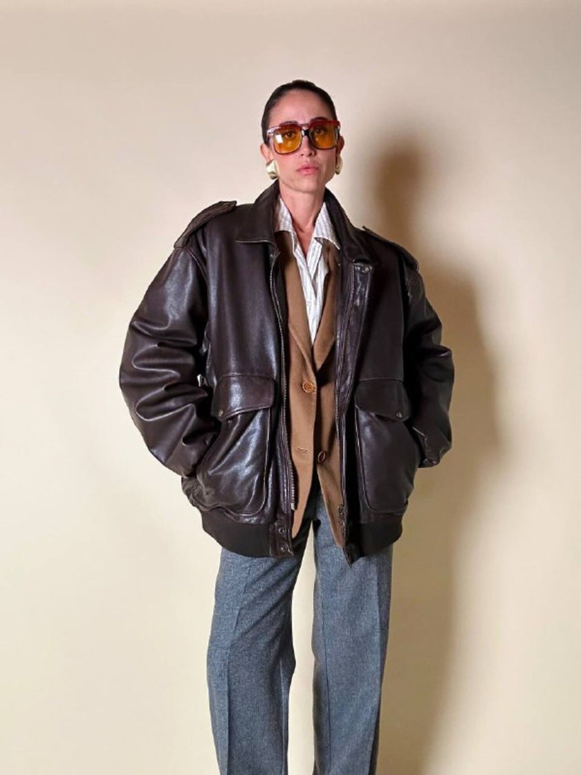 Bomber aviator oversize in pelle testa di moro