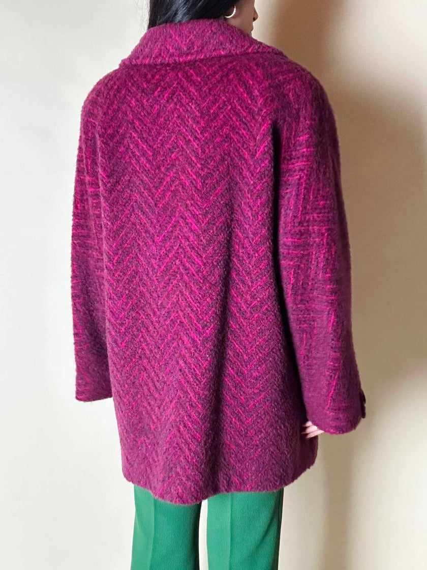 Capottino vintage spinato in tweed di lana e mohair magenta e prugna
