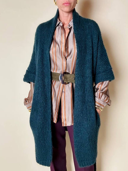 Cardigan Carven in lana verde con manica a tre quarti e cintura in vita
