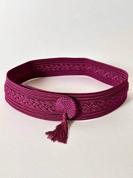 Cintura vintage viola realizzata con intreccio di passamanerie e nappa couture