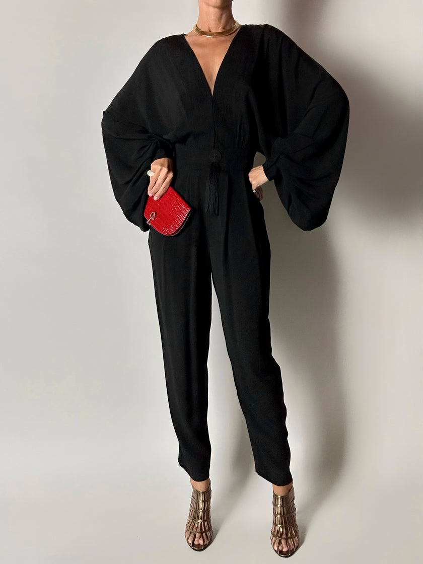 Jumpsuit vintage Emilio Pucci nera con maniche a pipistrello e nappa couture