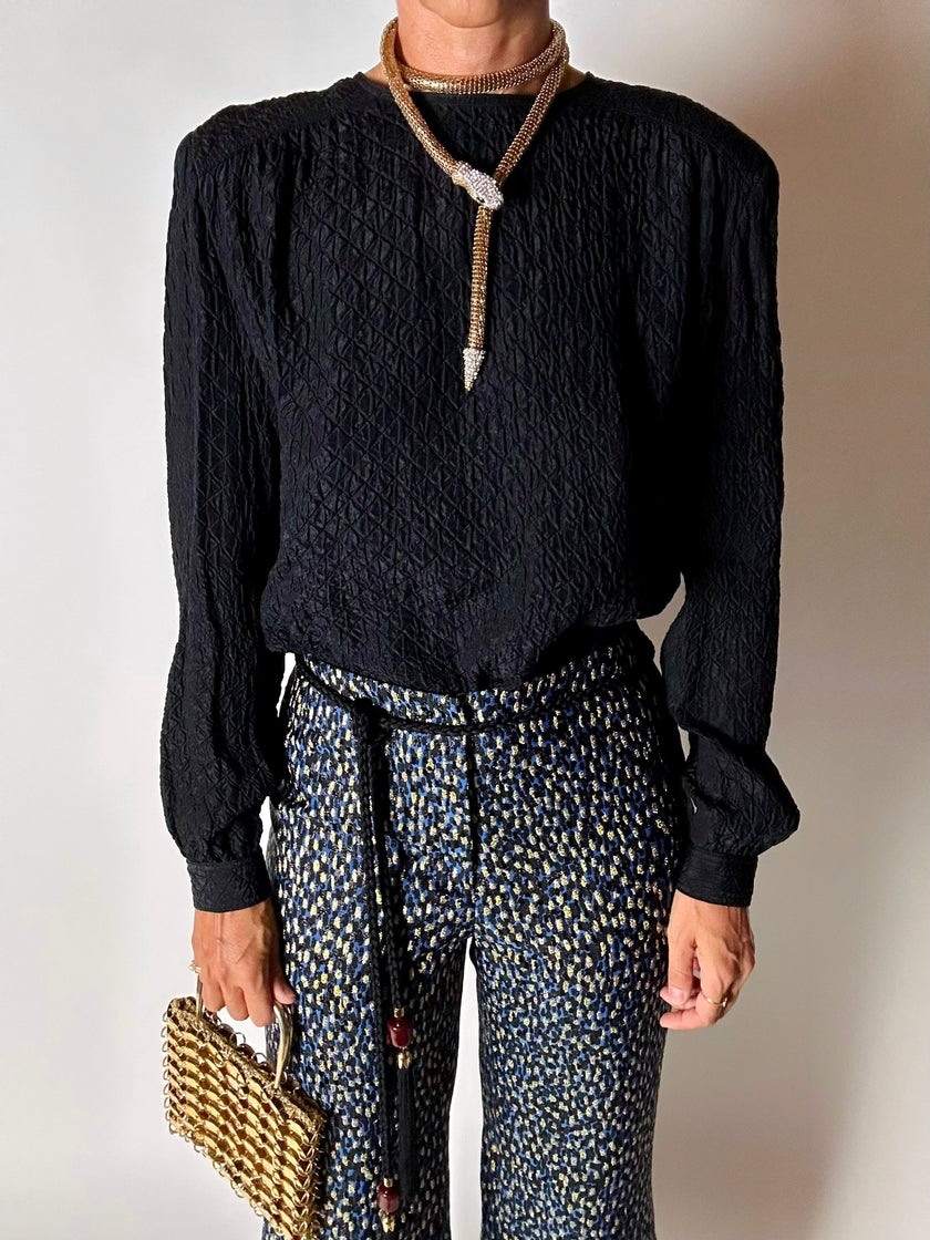 Pantalone a trombetta Merchant Archive in jacquard lamé bluette nero e oro
