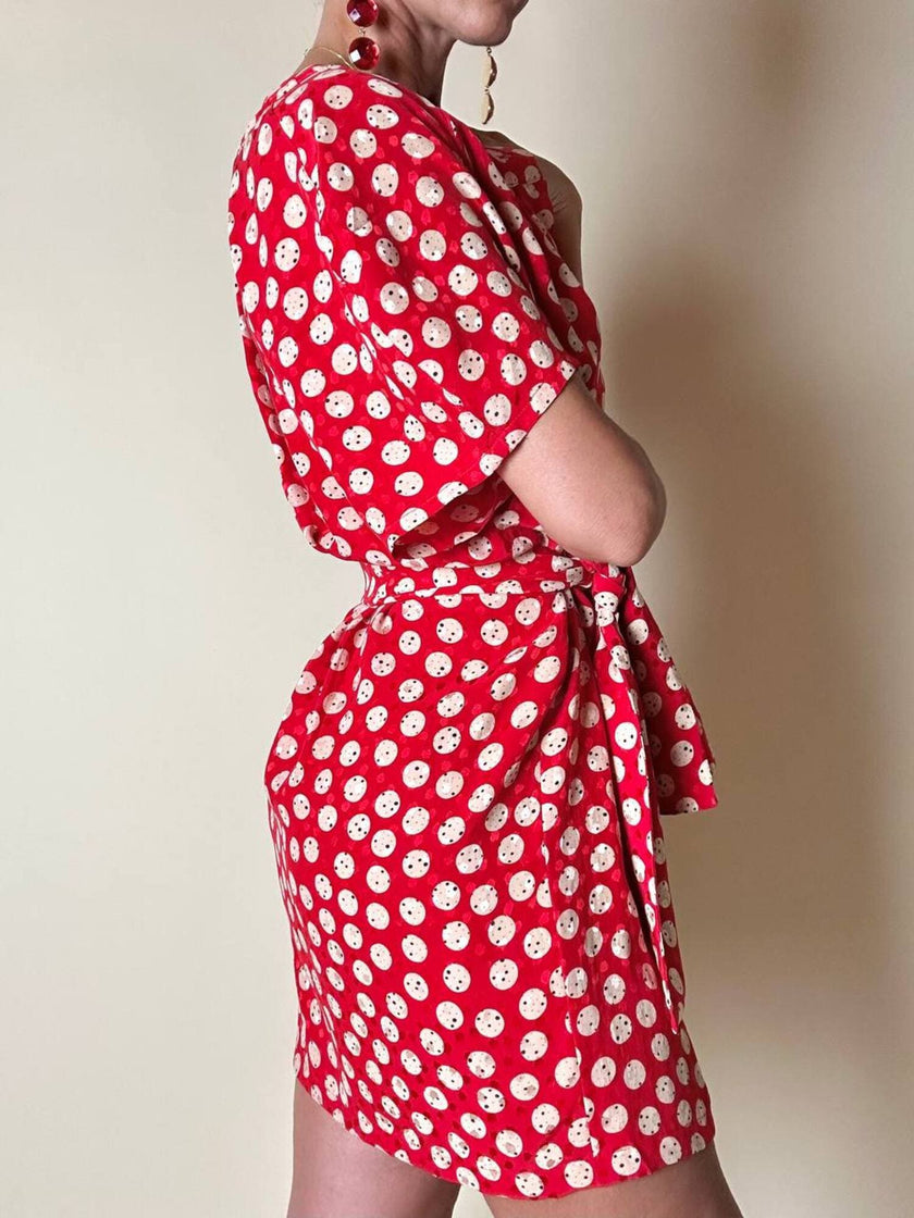 Mini abito rosso in seta jacquard a pois con fusciacca in coordinato “Fendi”