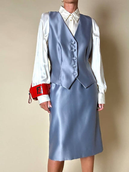 Completo gonna/gilet in raso grigio azzurro “Yves Saint Laurent”