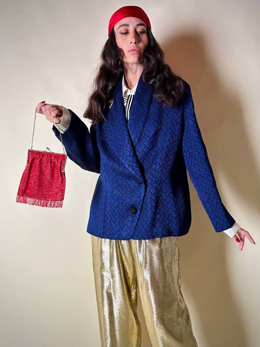 Blazer doppio petto in broccato blu Cina con bottoni gioiello