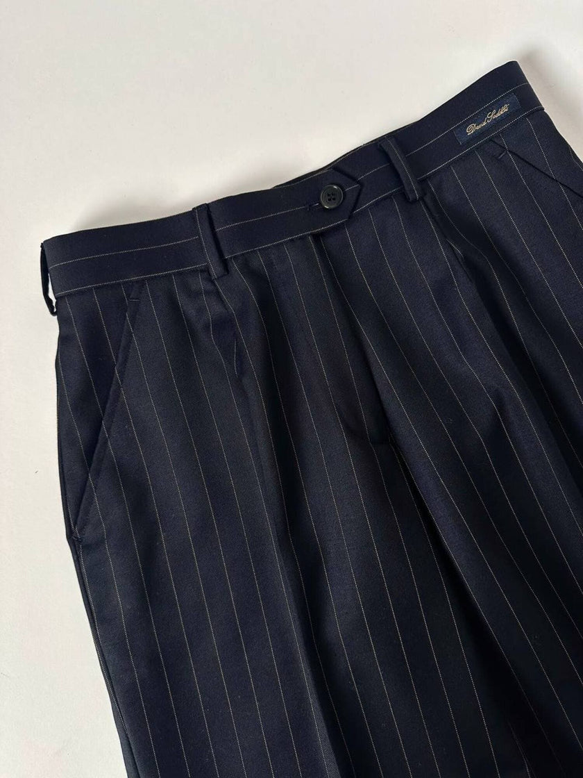 Pantalone vintage a palazzo blu notte gessato in pregiato fresco lana di Tasmania e seta