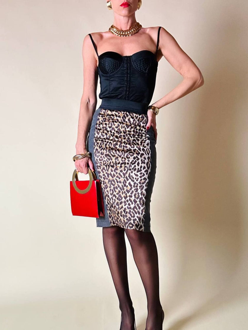 Longuette leopardata con riporti in tela grigia “D&G”