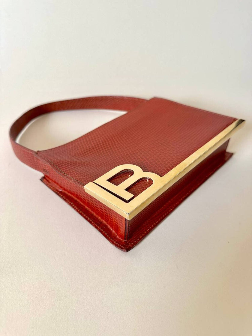 Borsa Laura Biagiotti in pelle stampa lizard color cognac con iniziali BL