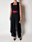 Gilet vintage lungo in rete nera con rever e spacchi laterali New Age