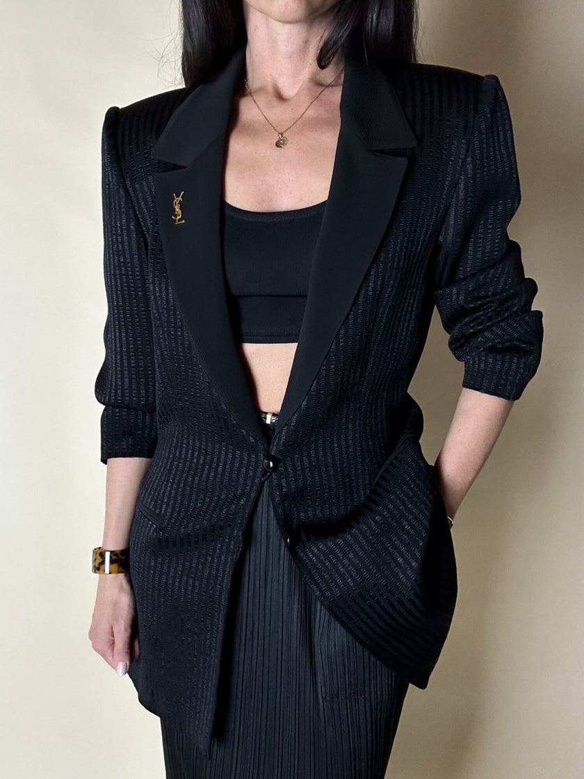 Blazer vintage State of Claude Montana in tessuto jacquard nero bacchettato