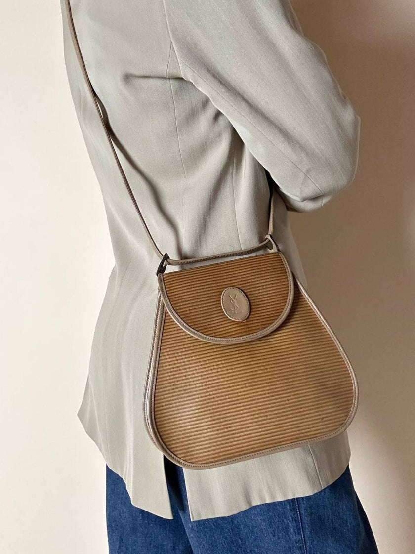 Borsa Yves Saint Laurent in tessuto plastificato millerighe color cammello con riporti in pelle argilla