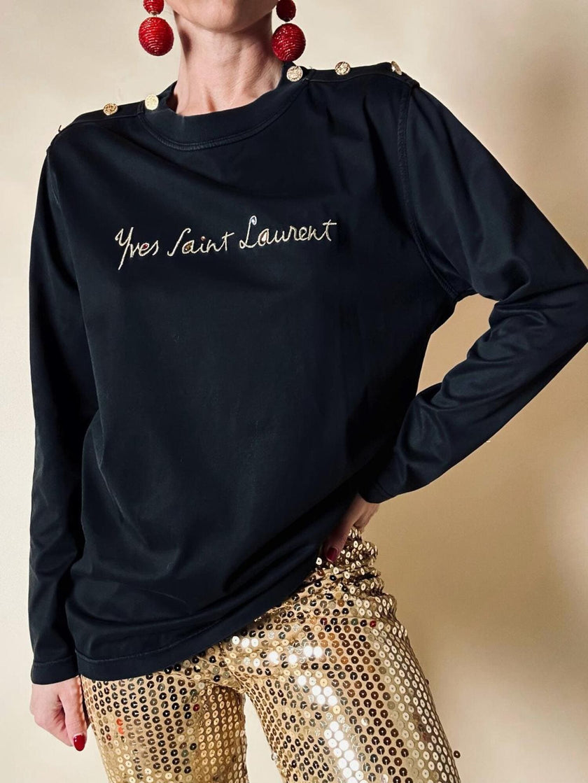 Maglia in cotone nero con bottoni dorati “Yves Saint Laurent”
