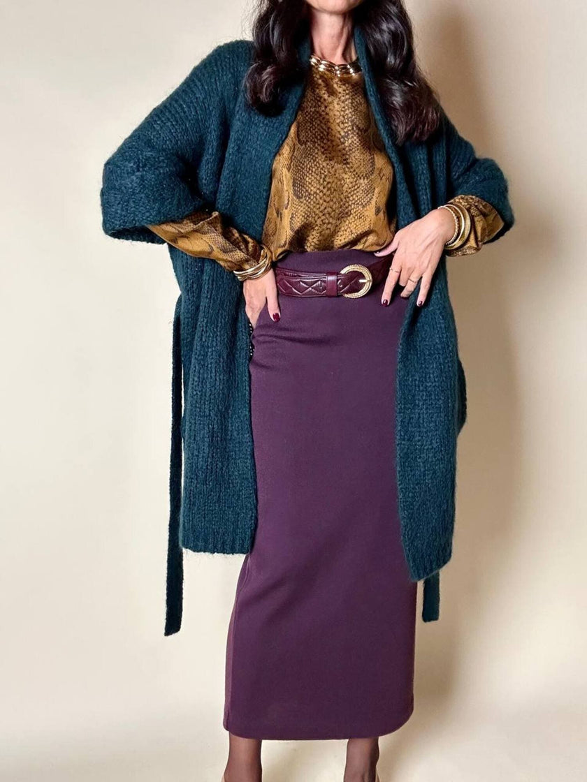 Cardigan Carven in lana verde con manica a tre quarti e cintura in vita
